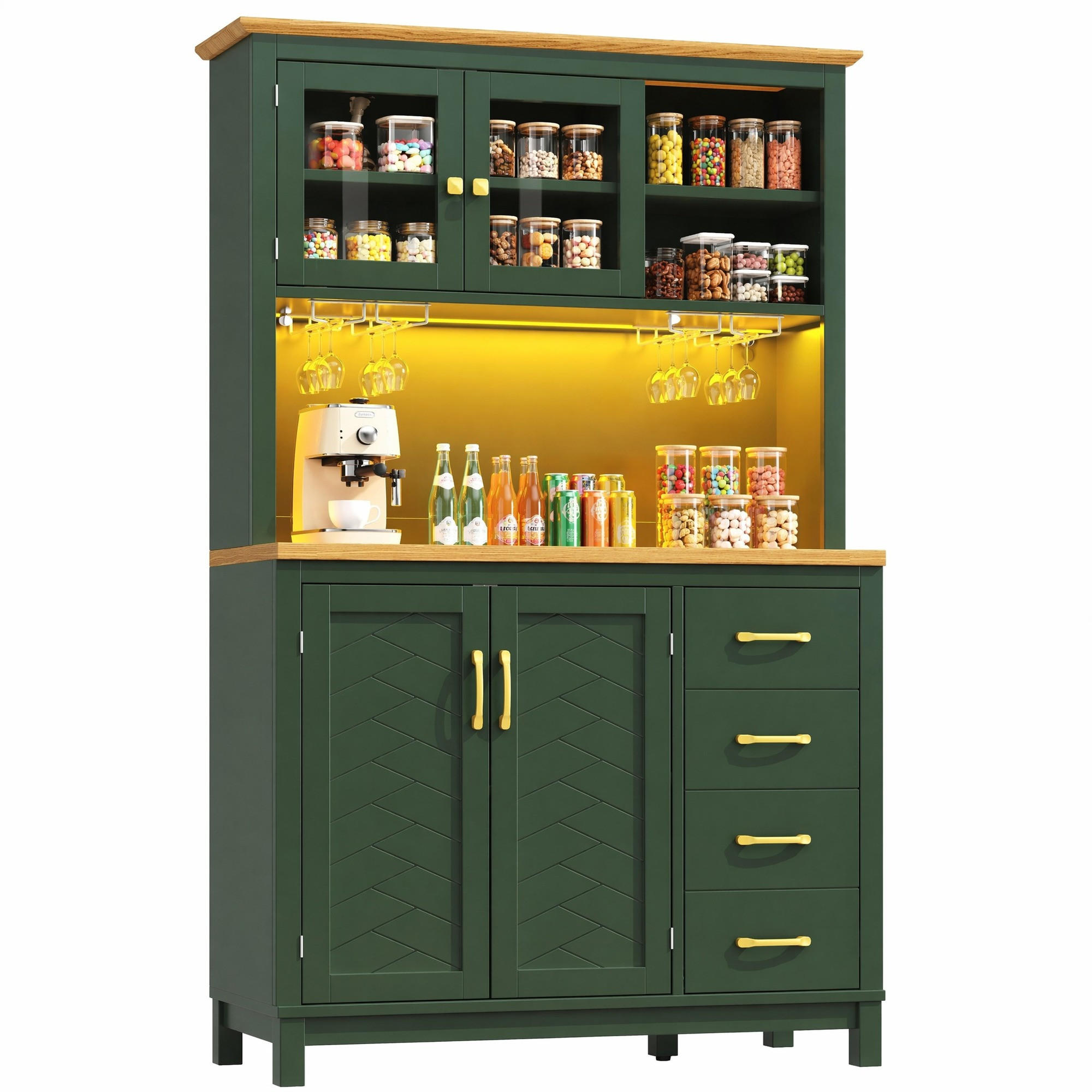 HIGHBOARD in Grün Küchenschrank mit LED-Beleuchtung und Schubladen für Küche und Wohnzimmer, B105.5/T40/H180 cm - Grün, Glas/Holzwerkstoff (105.5/180/40cm) - STILVORA