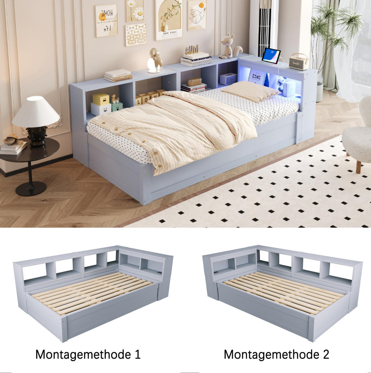 BETT 90/200 cm aus MDF mit LED und Stauraum, Grau - Grau, Holzwerkstoff (90/200cm) - OKMYHOME