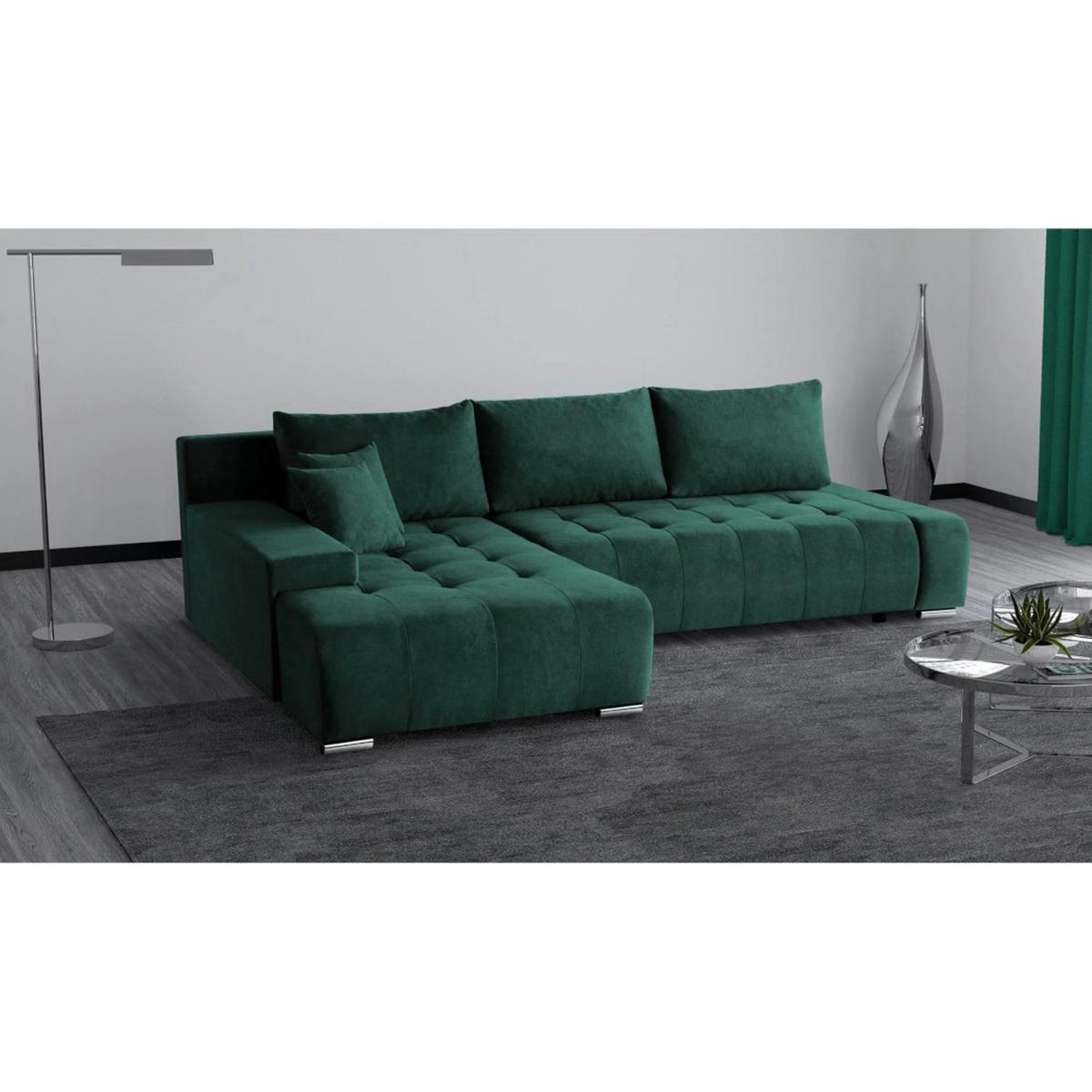 ECKSCHLAFSOFA Draco L Grün - Silberfarben/Grün, Textil/Metall (267/186cm) - Beautysofa