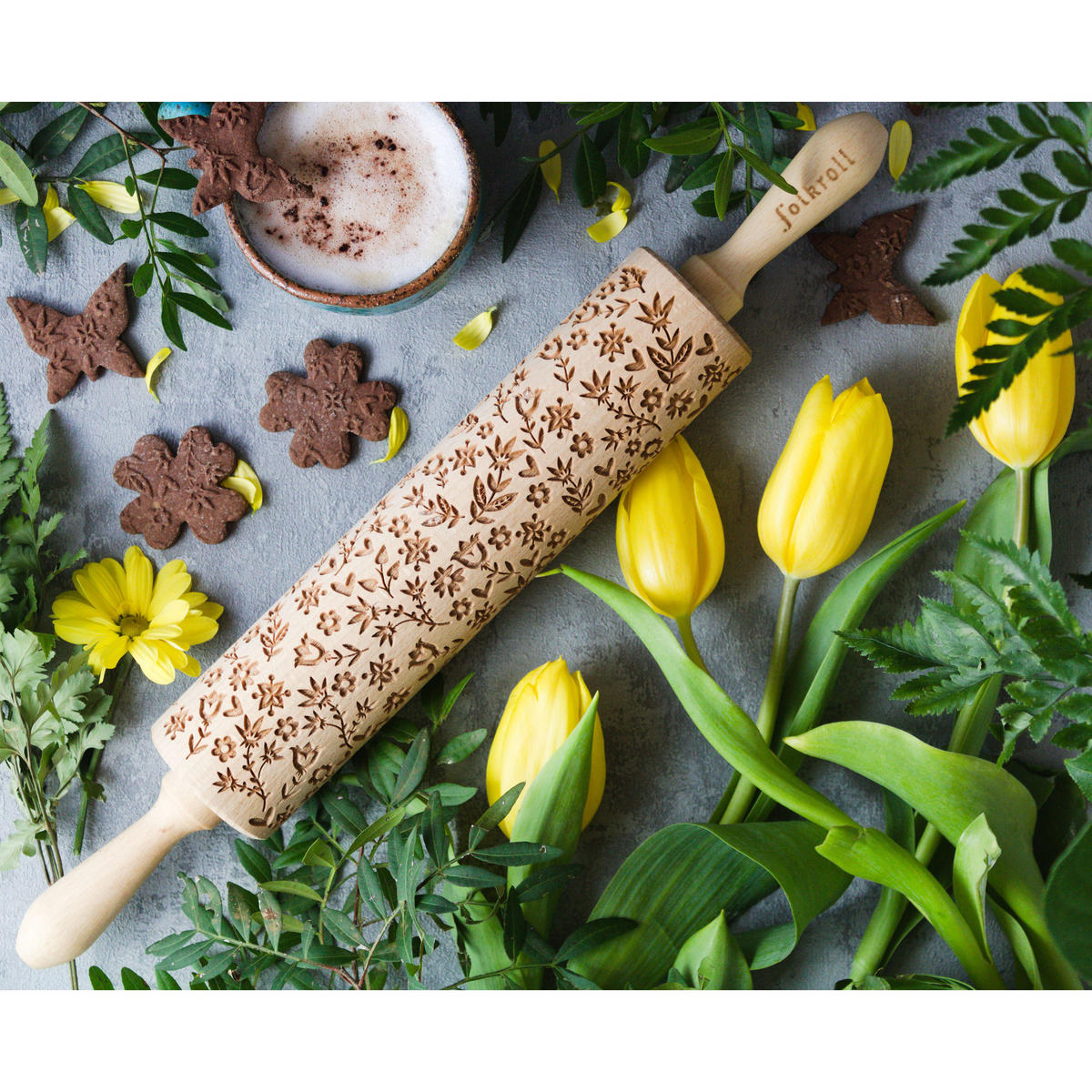 TEIGROLLE Flower Power, groß, 43 cm, Buchenholz - Braun, Holz (43cm) - Folkroll
