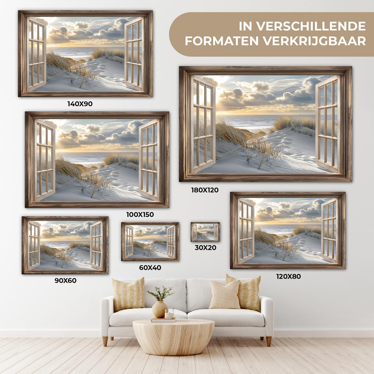 LEINWANDBILD Ausblick - Strand - Dünen - Meer - Natur Wohnzimmer Groß 120x80 cm - Sandfarben, Textil (120/80cm) - MuchoWow