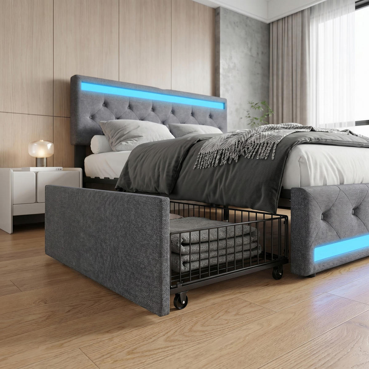 POLSTERBETT 140/200 cm grau mit Schubladen, LED und USB - Grau, Holz