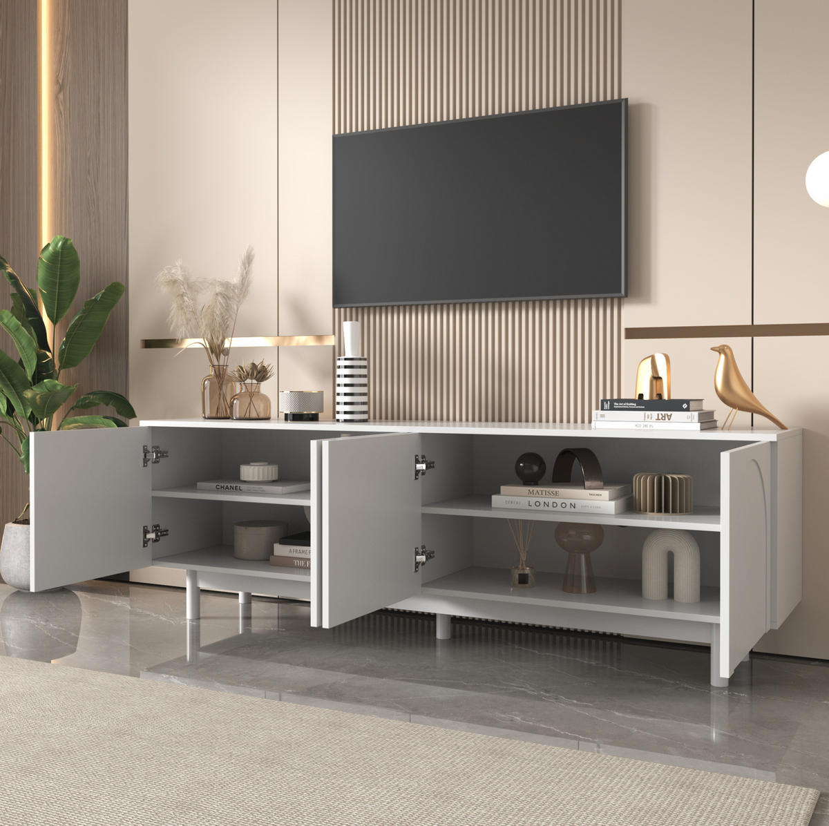 TV-SCHRANK aus Spanplatte 175x38x56 cm Weiß mit 4 Türen, Push-to-Open und verstellbaren Einlegeböden - Weiß, Holzwerkstoff (175/56/38cm) - Modfu