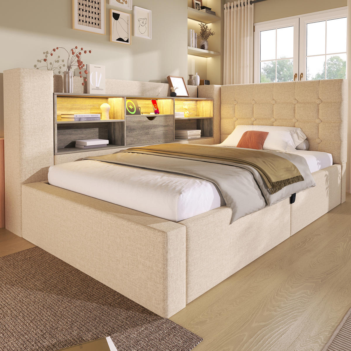 POLSTERBETT 90/190 cm Beige mit LED-Beleuchtung, Stauraum und USB- sowie Type-C-Anschlüssen - Beige, Textil (90/190cm) - Flora Grace