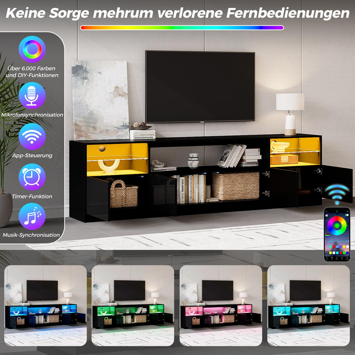 TV-SCHRANK 180/35/60 cm Schwarz Hochglanz mit LED und 4 Türen - Schwarz, Holzwerkstoff (180/60/35cm) - Oxeza