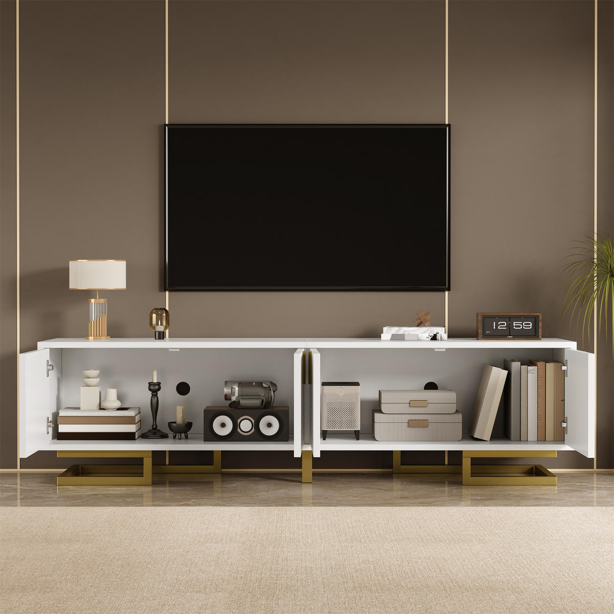 TV-SCHRANK Lowboard strukturierte Türen Gold modern - Weiß, Holzwerkstoff (38/44.5/160cm) - FLIEKS