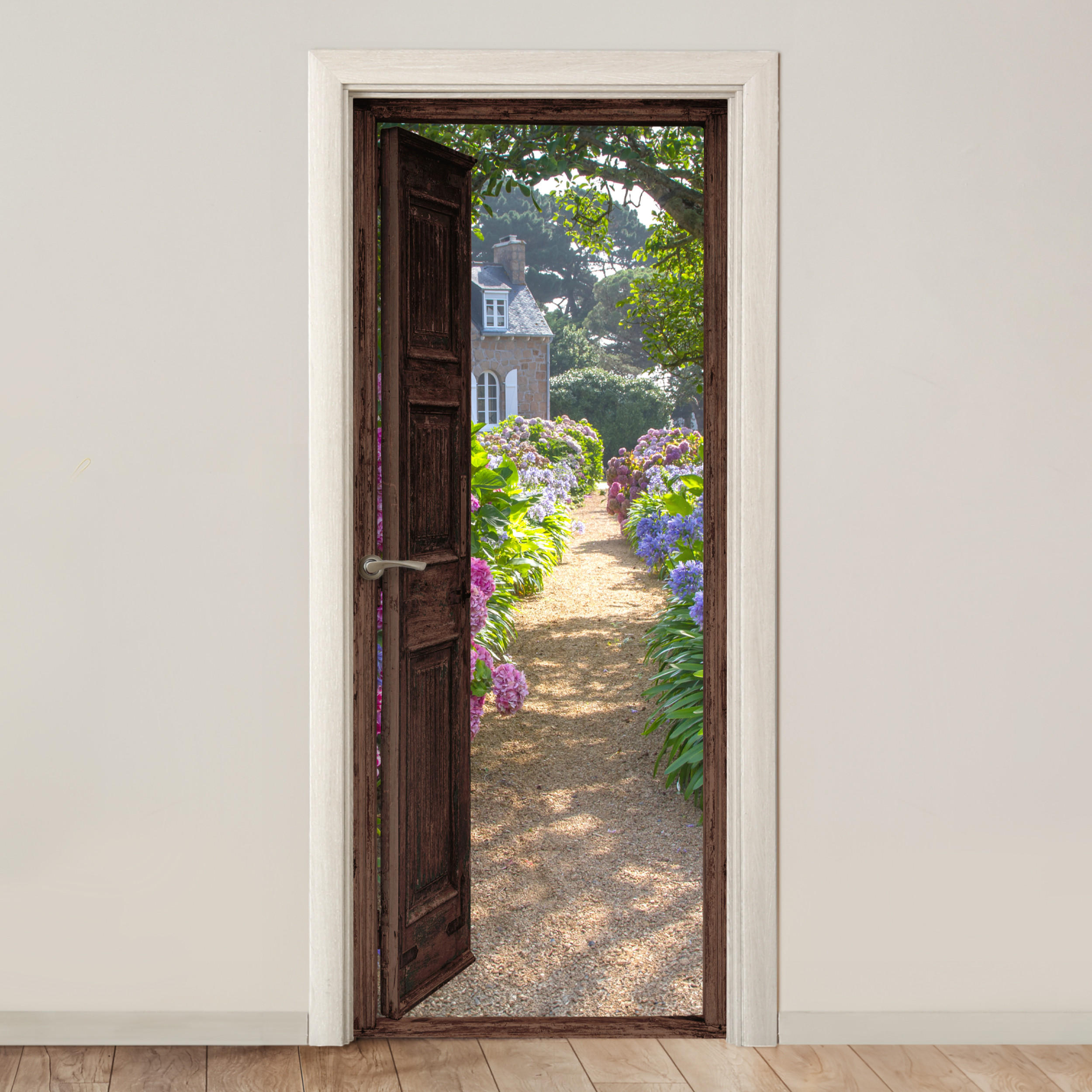 FOTOTAPETE Tür - Fensterblick - Hortensie - Tür - Blumen - Natur 75x205 cm - Beige, Kunststoff (75/0.1cm) - MuchoWow