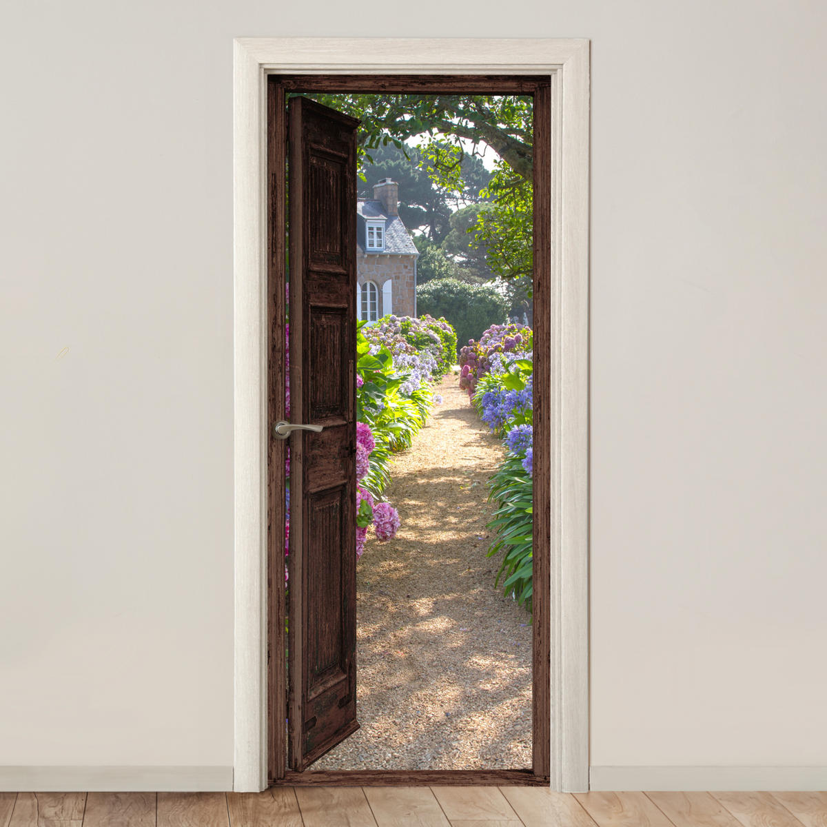 TÜRAUFKLEBER Selbstklebend - Fensterblick - Hortensie - Tür - Blumen - Natur 90x205 cm - Türtapete - Beige, Kunststoff (90/0.1cm) - MuchoWow
