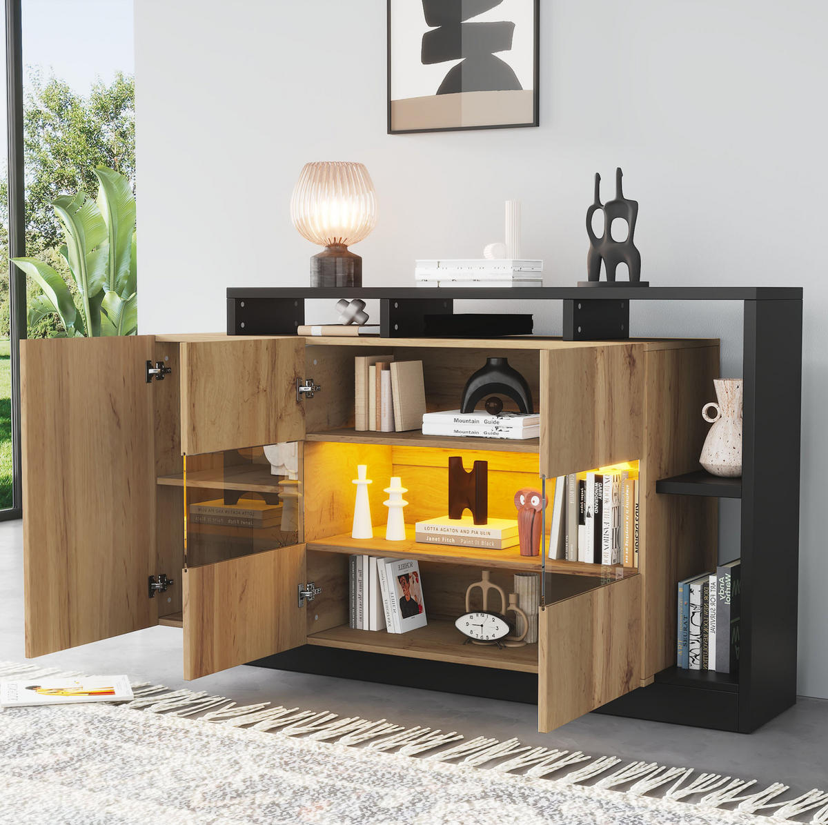 KOMODA z MDF 140x44x93,5 cm v dekoru dřeva s LED osvětlením, Bluetooth ovládáním a nastavitelnými policemi - přírodní, kompozitní dřevo (140/93.5/44cm) - Modfu