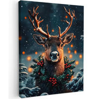 LEINWANDBILD Hirsch - Weihnachten - Winter - Schnee - Weihnachtskranz 60x80 cm - Dunkelbraun, Textil (60/80cm) - MuchoWow