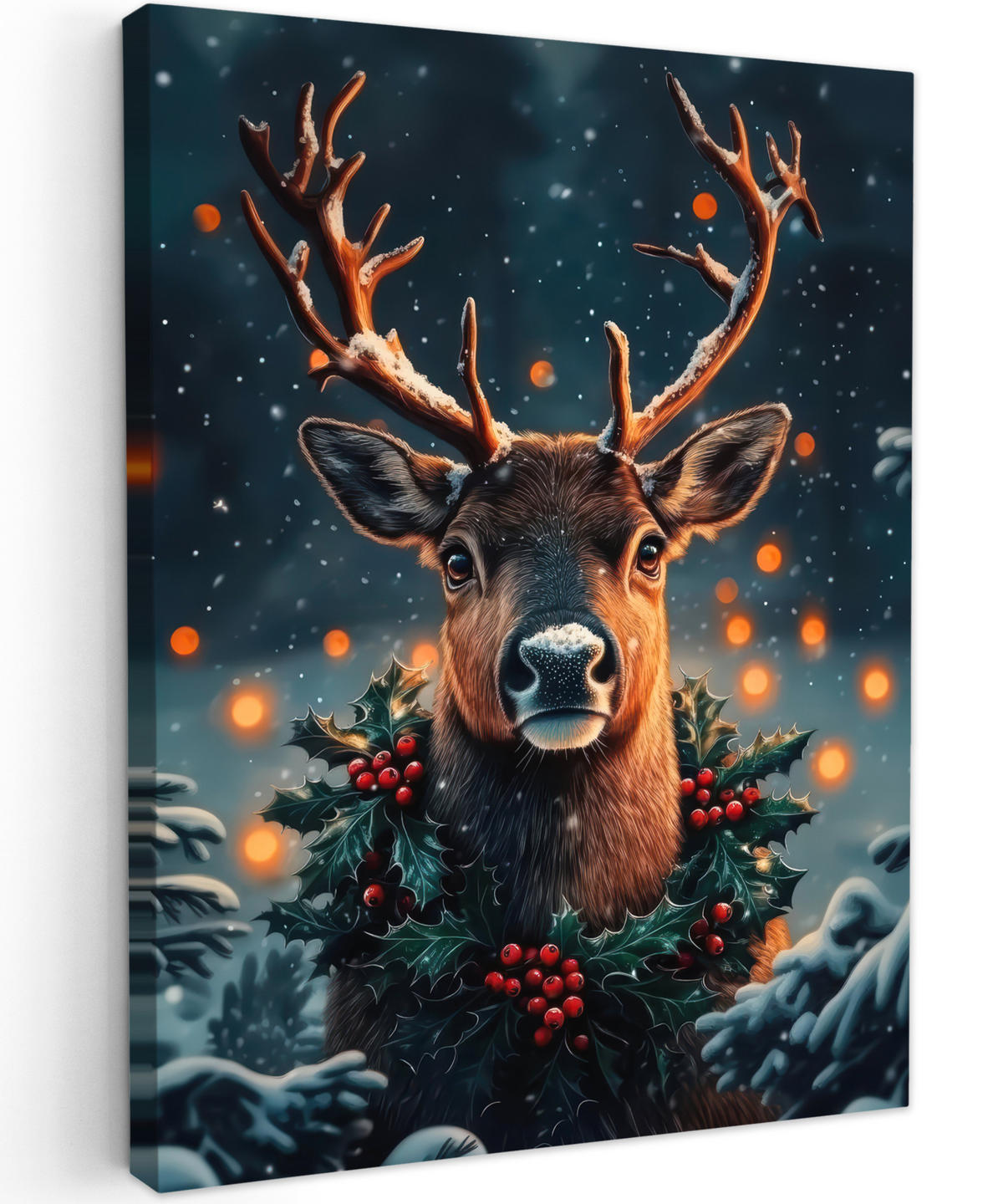 LEINWANDBILD Hirsch - Weihnachten - Winter - Schnee - Weihnachtskranz 60x80 cm - Dunkelbraun, Textil (60/80cm) - MuchoWow