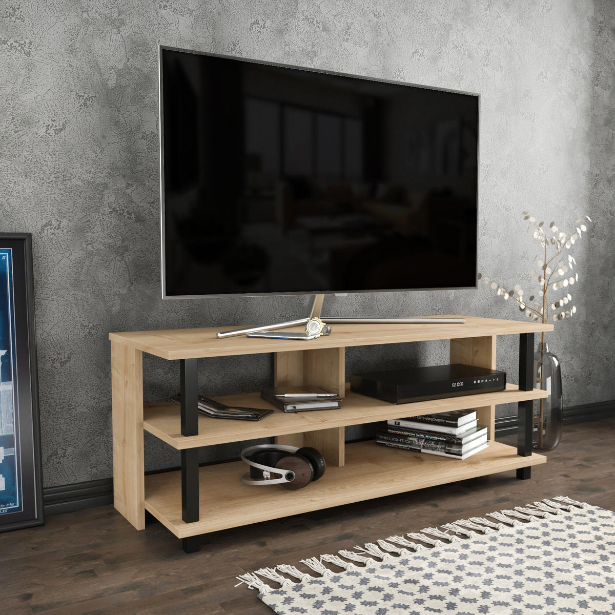 TV Board Pueblo Schwarz-Eiche - Eichefarben/Schwarz, Holzwerkstoff (120/47/45cm) - Decorotika
