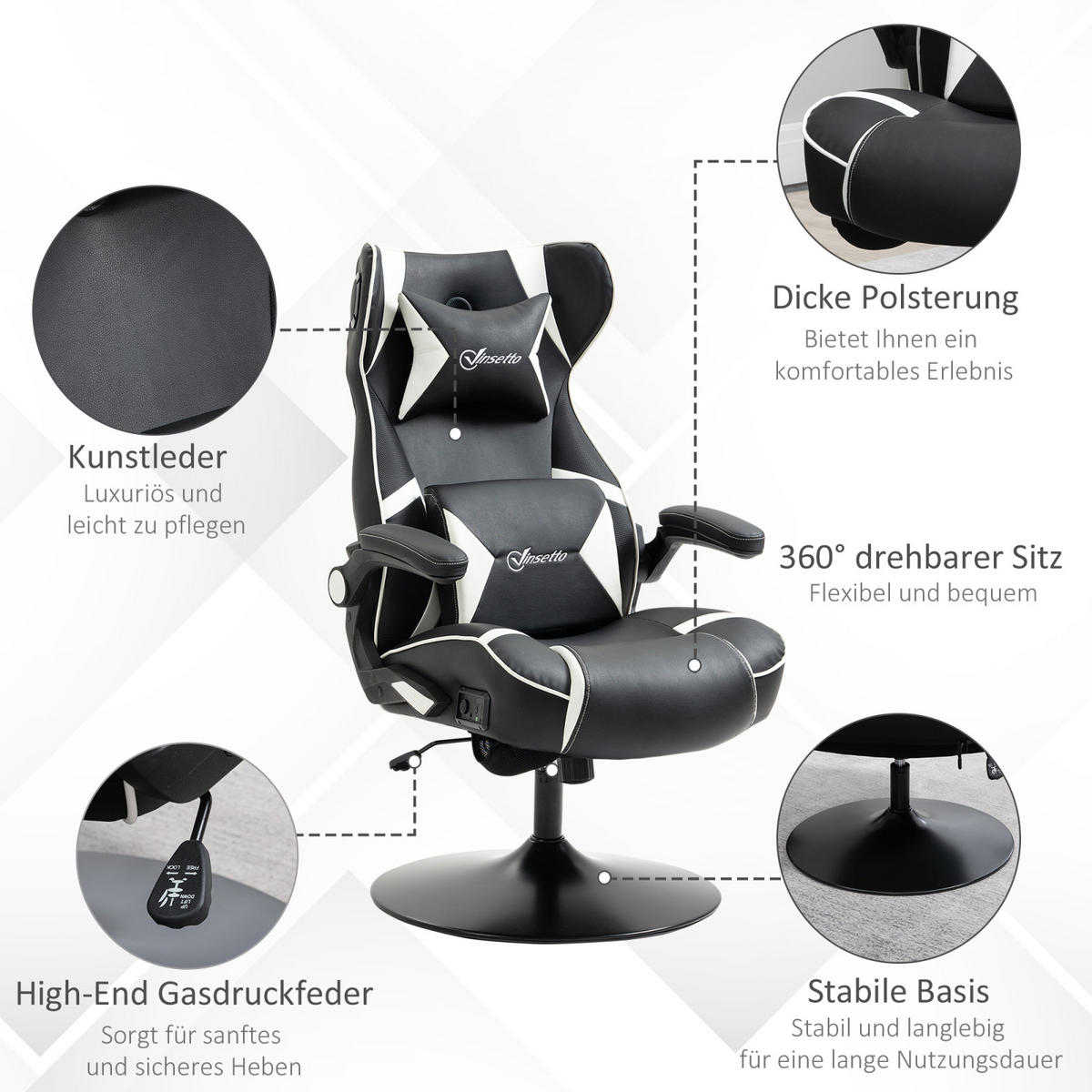 GAMING Stuhl mit runder Bodenplatte, drehbar & neigbar, ergonomischer Sessel, Schwarz-Weiß - Weiß, Leder (69/112/73cm) - BRILVERDE