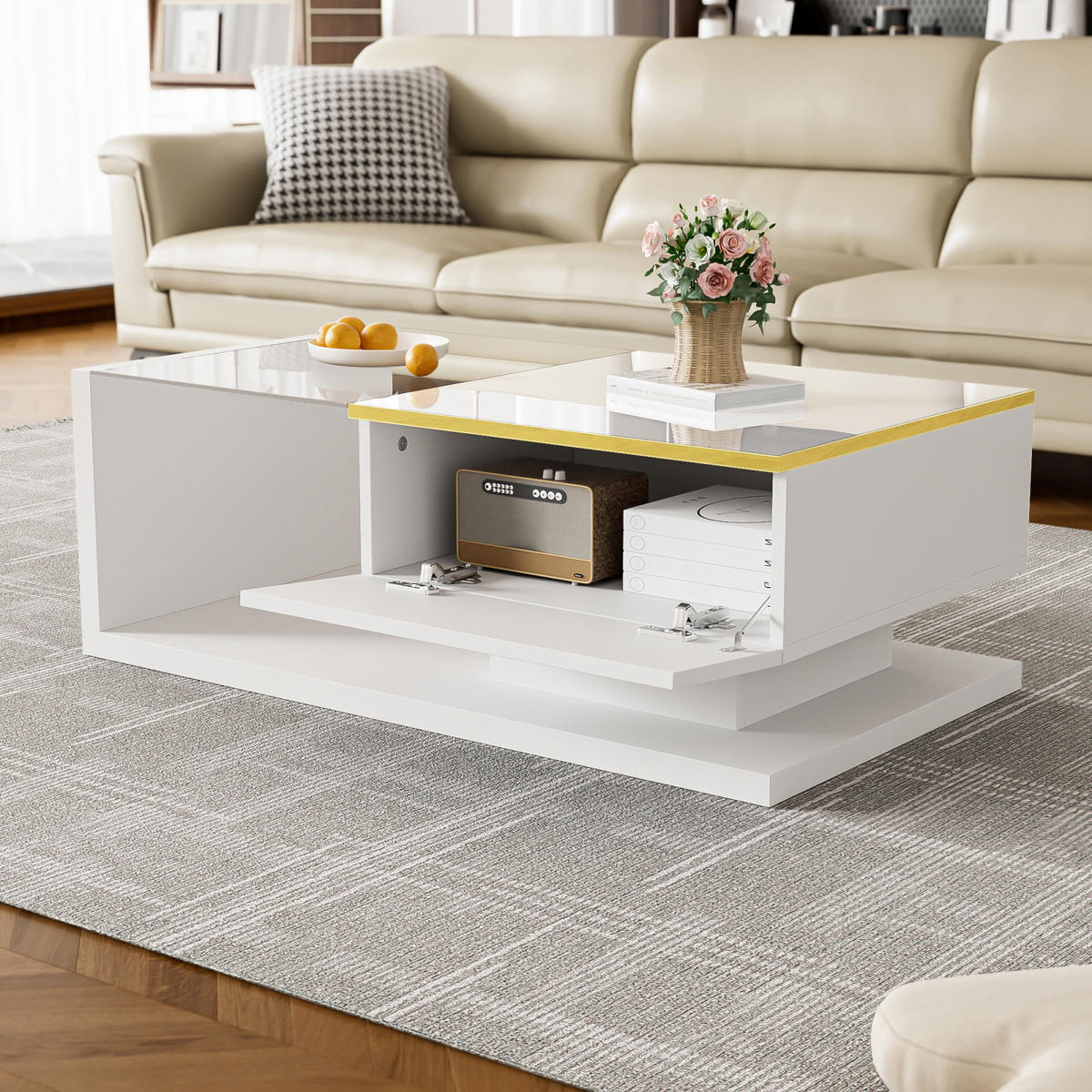 COUCHTISCH Weiß mit verstellbarer LED und Glasplatte - Weiß, Metall (90/50/32cm)
