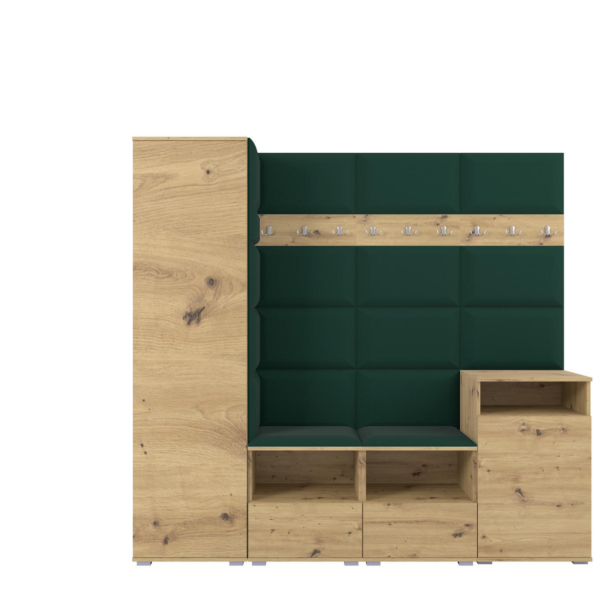 GARDEROBE NELA X 200 cm (Modulare Flurmöbel Artisan Eiche mit Sitzpolster Flaschengrün 28 Schrank + Sideboard) - Dunkelgrün/Silberfarben, Holz/Holzwerkstoff (200/187/40cm) - Ravio