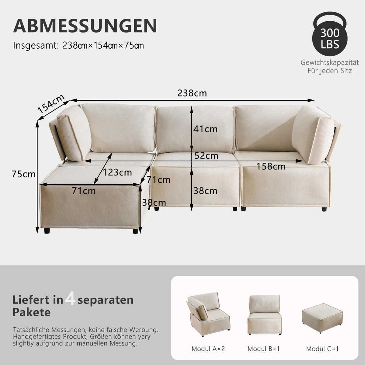 ECKSOFA DE-35021 modular Beige - Beige, Holzwerkstoff (154/238cm) - ComfortXL
