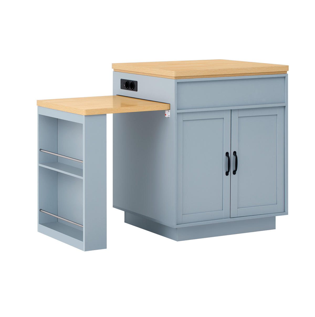 KÜCHENINSEL 125,5-187,5/71/93 cm aus MDF mit ausziehbarer Tischplatte, LED-Beleuchtung, USB/Type-C und Rollen, Blau - Hellblau, Holzwerkstoff (125.5/93/71cm) - Redom