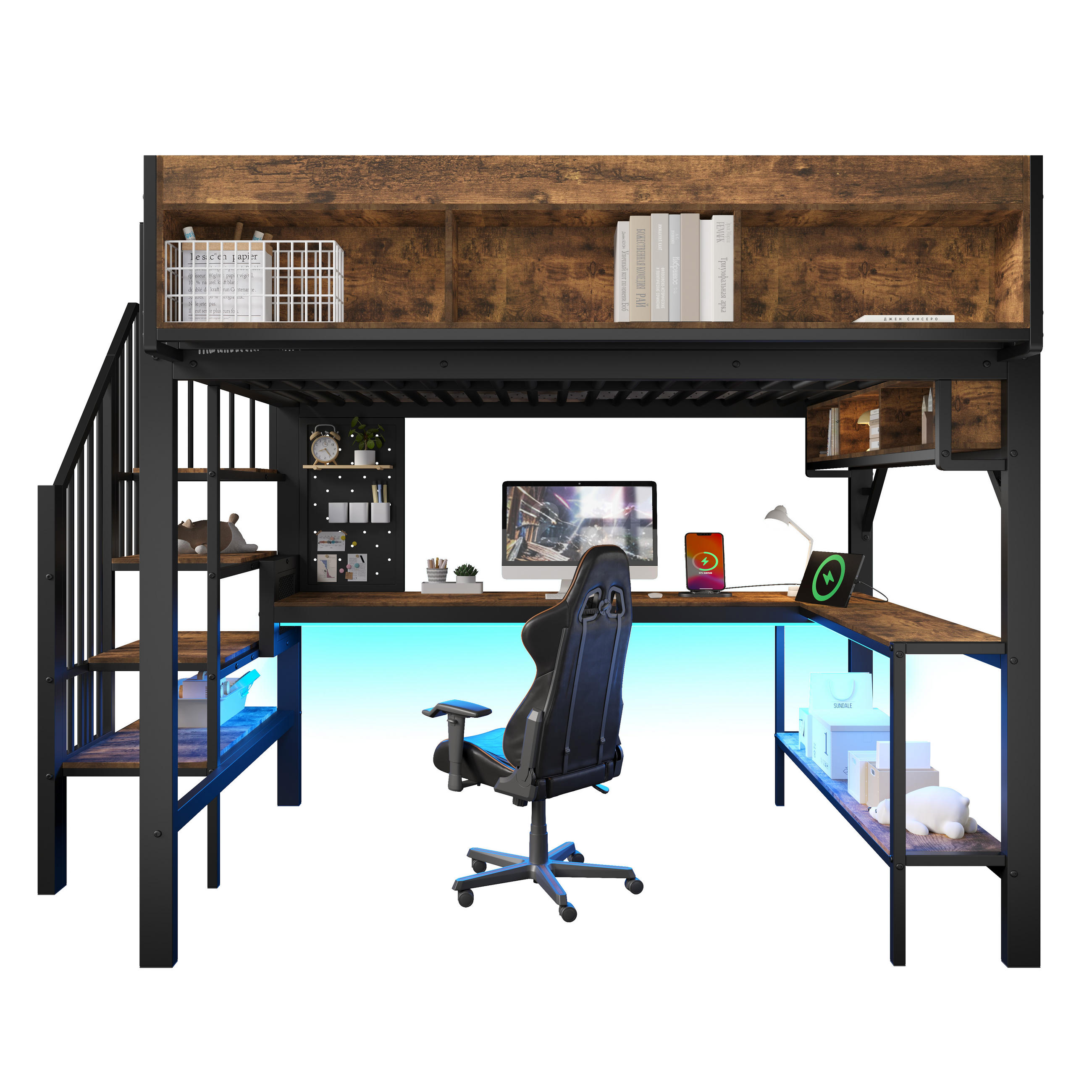 HOCHBETT 140x200 cm Braun Schwarz mit Schreibtisch und LED - Schwarz, Holz (140/200cm) - FLIEKS