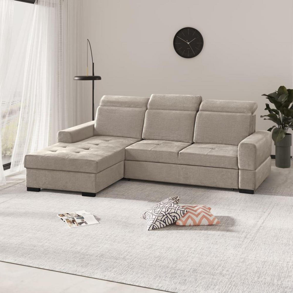 ECKSCHLAFSOFA Alex Mini hellbraun links - Hellbraun/Schwarz, Textil (245/185cm) - Beautysofa
