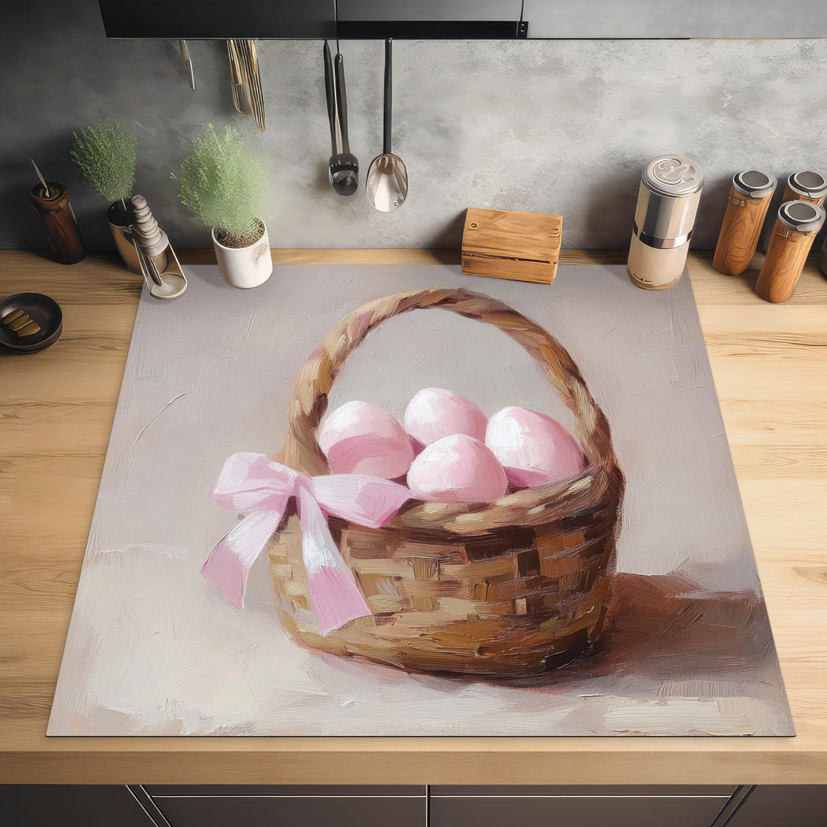 HERDABDECKPLATTE Korb - Eier - Rosa Induktionsmatte 78x78 cm - Beige, Kunststoff (78/78/0.2cm) - MuchoWow