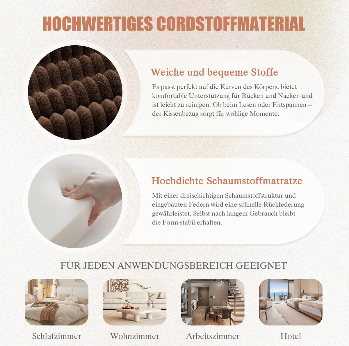 3-SITZER-KORDSOFA 263/167/85 cm mit Hocker, Kissen, Seitentaschen und Federkern, Braun - Braun, Textil (263/85/167cm) - Redom