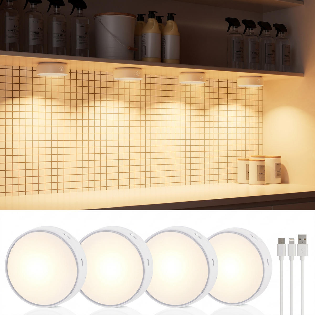 LED-AKKU Schranklichter Spots Unterbauleuchte Ø 9,5 x 3,6 cm 4er-Set Bewegungsmelder - Weiß, Kunststoff (9.5/9.5/3.6cm) - Northpoint