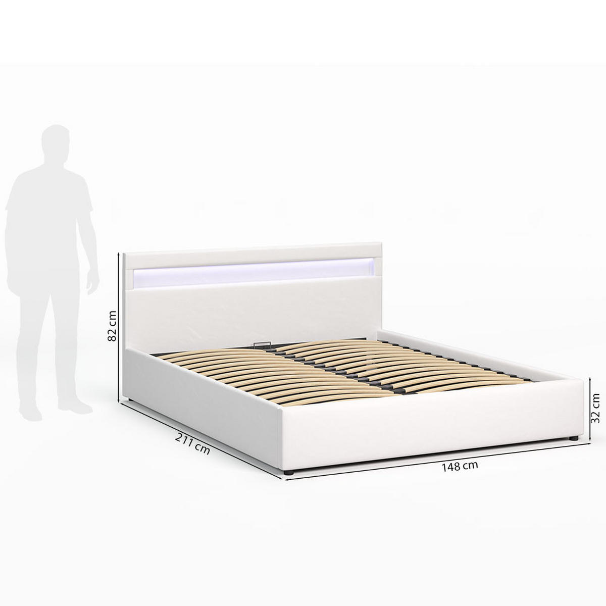 POLSTERBETT 140×200 mit Bettkasten und Lattenrost Nira Öko-Leder weiß LED - Weiß, Holz/Textil (140/200cm) - Jana