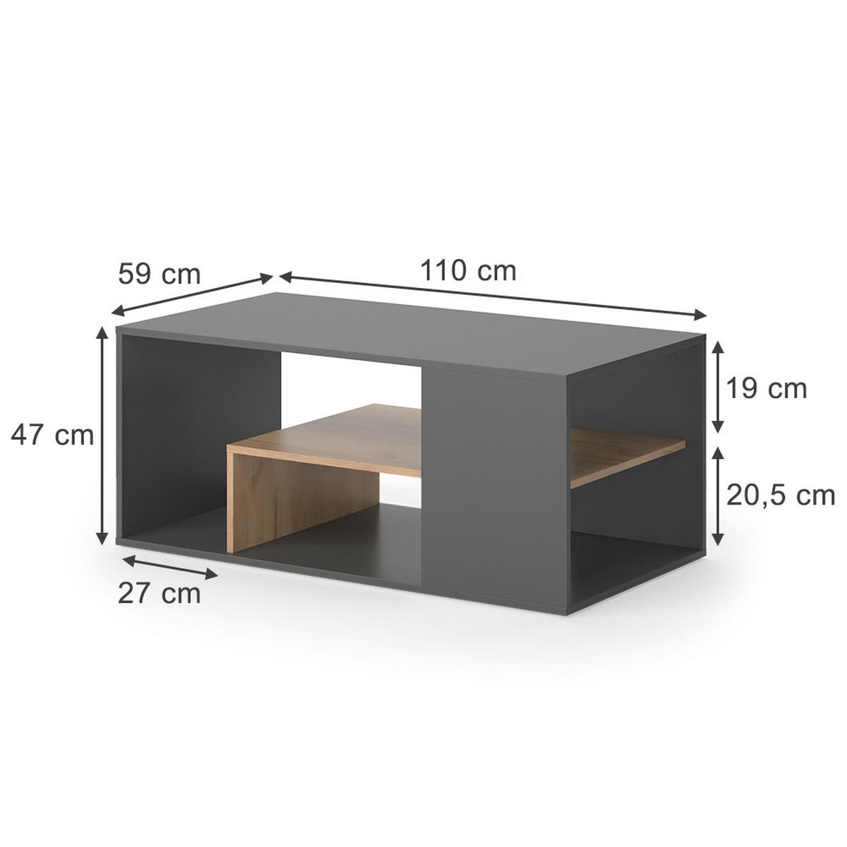 COUCHTISCH Edgar Anthrazit/Goldkraft Eiche 110 x 59 cm - Anthrazit/Eiche Wotan, Holzwerkstoff (59/110/47cm) - Vicco