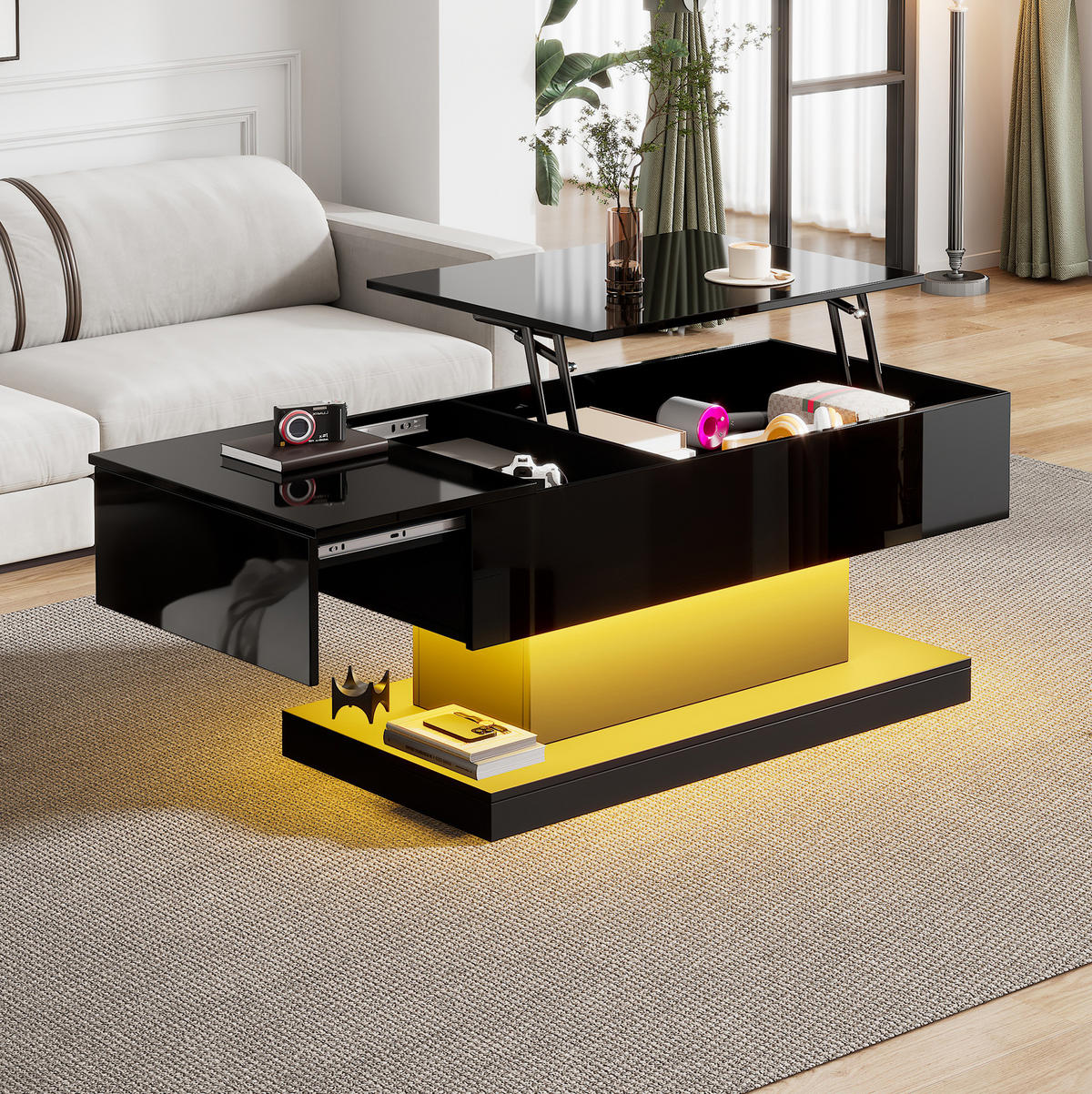 KONFERENČNÍ stolek, 100/50/45 cm, černý, s hydraulickým zdvihem, posuvnou deskou a LED - černá, kompozitní dřevo (100/50/45cm) - BEAOK