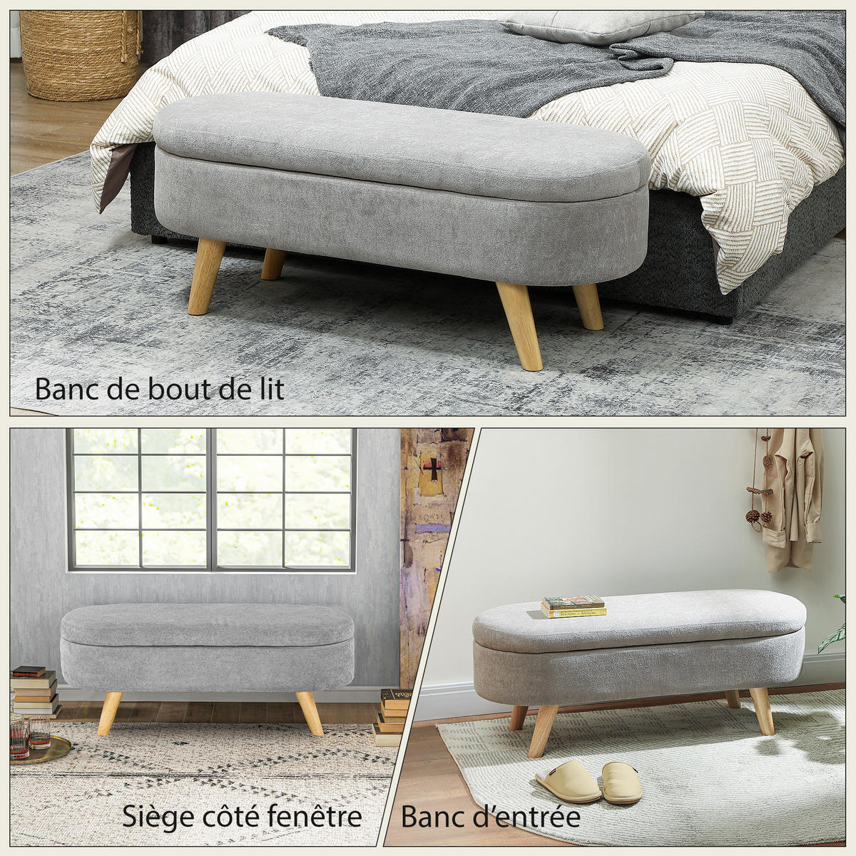 TRUHENBANK DE-12944 Stauraum und Holzbeine Hellgrau - Hellgrau, Textil (110/43/40cm) - ComfortXL