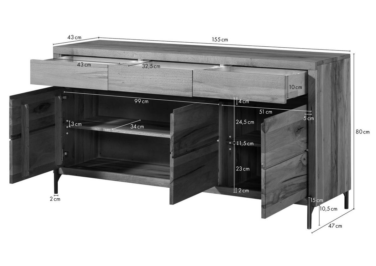 SIDEBOARD Wild-/Zerreiche 155x47x80 natur geölt MONTREUX LUX #100 - Braun, Holz (155/80/47cm) - Massivmoebel24