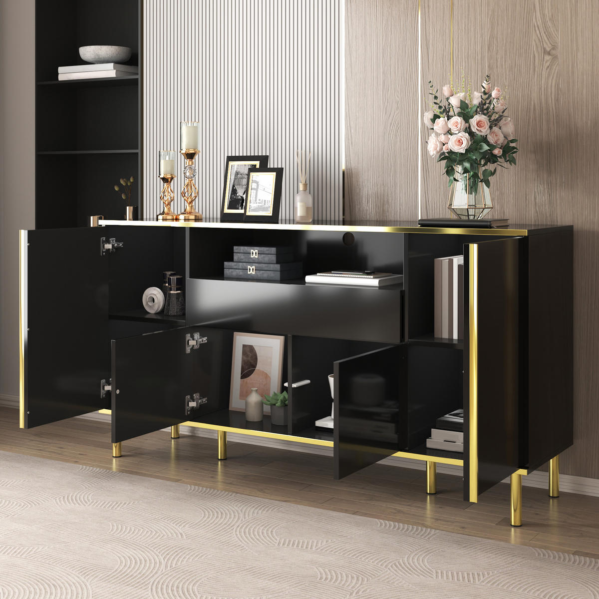 SIDEBOARD 150x40x80cm Schwarz Hochglanz Mit 1 Schublade - Schwarz, Holzwerkstoff (40/80/150cm) - FLIEKS