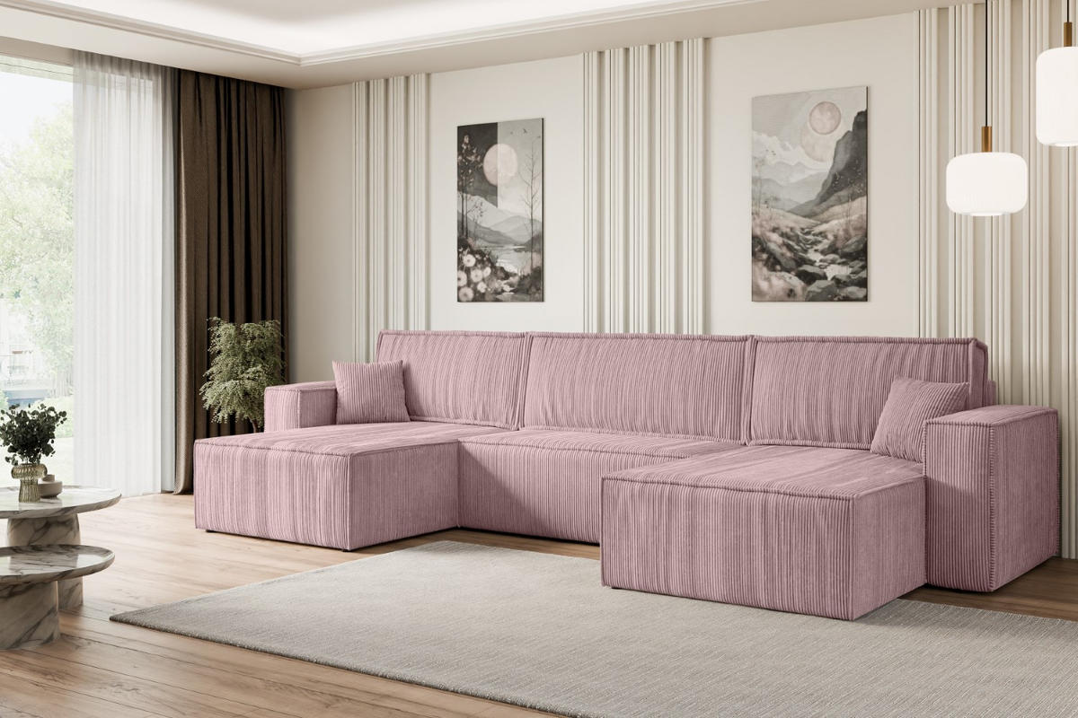 WOHNLANDSCHAFT mit Schlaffunktion und Bettkasten CELTIC-XLU - 377x143x83 cm Rosa Cord - Schwarz/Rosa, Holzwerkstoff/Kunststoff (377/83/143cm) - ALTDECOR