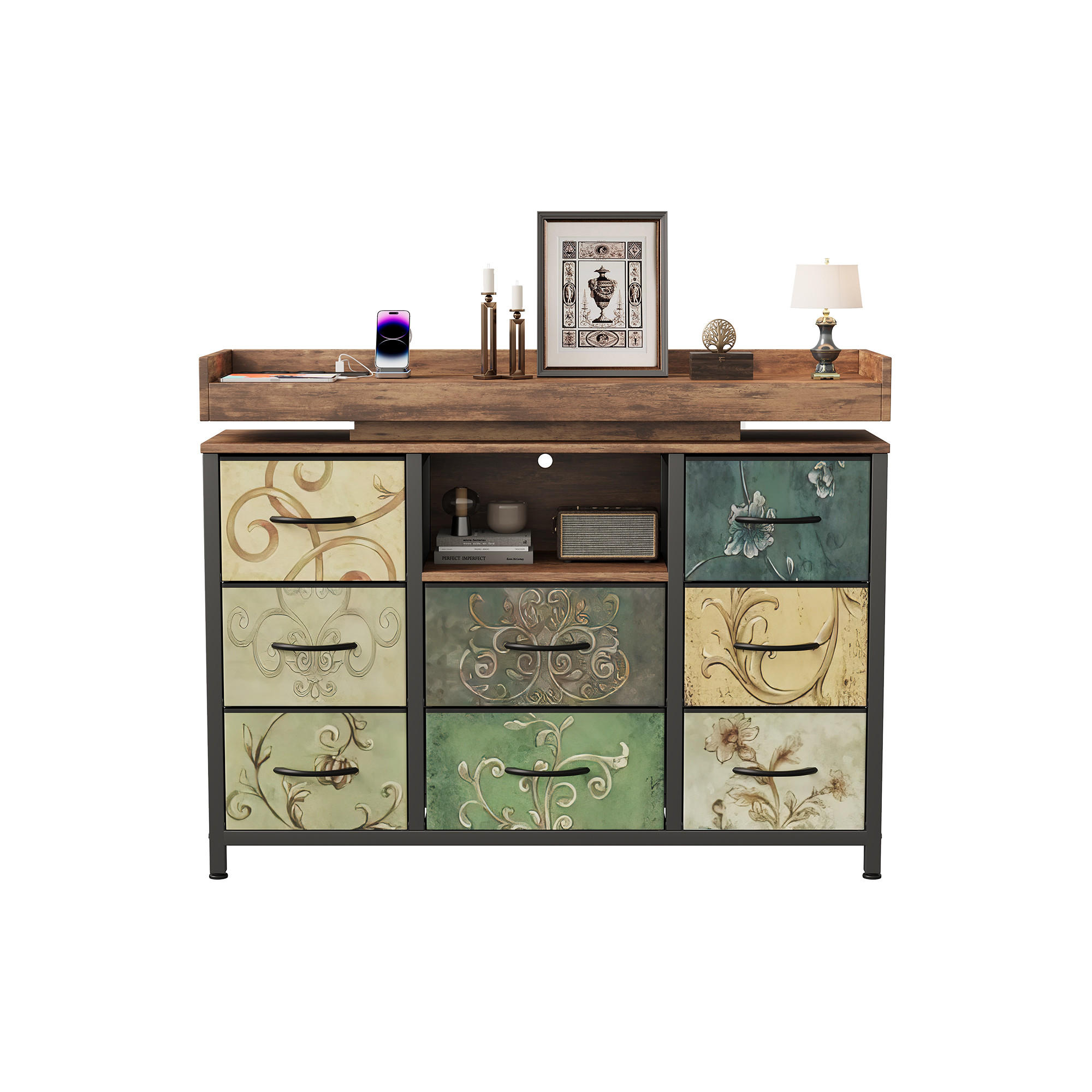 KOMMODE im Vintage-Stil mit 8 Stoffschubladen & LED-Beleuchtung - Multicolor, Holzwerkstoff (30/82/108cm) - SHOPENTRA