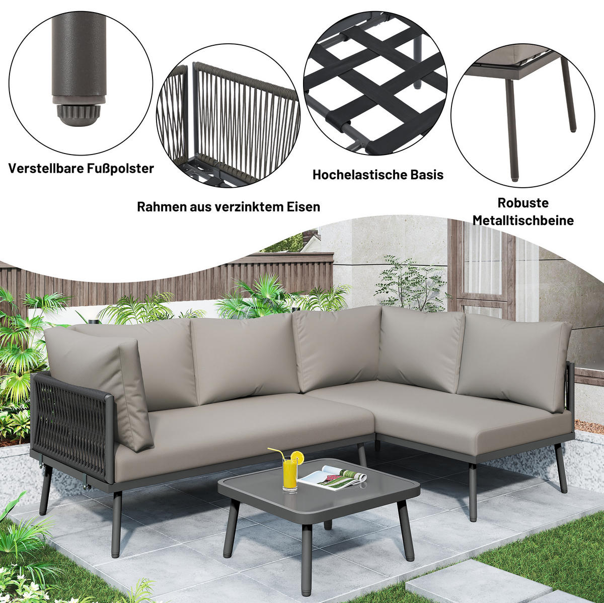 LOUNGEGARNITUR 120/60/72 cm grau aus Eisen mit Glastisch und Kissen - Grau, Metall - OKWISH
