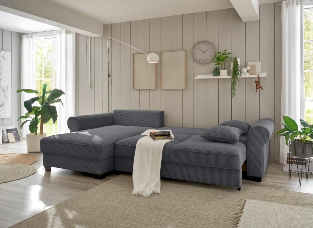 ECKSOFA beidseitig montierbar, Schlaffunktion mit Bettkasten und Nosagfederung in Breitcord - Dunkelgrau/Schwarz, Textil (318/197cm) - ed exciting design