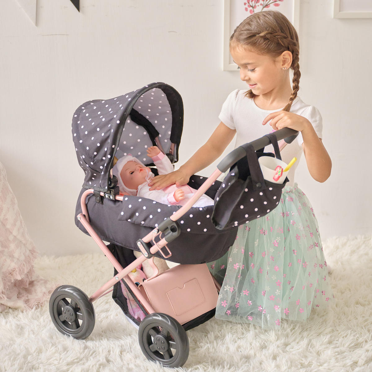 PUPPENWAGEN 2-in-1 Klassiker, Schwarz, 64cm - Schwarz, Holzwerkstoff (37/64/56cm) - Teamson Kids