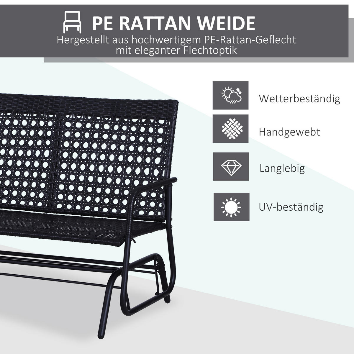 GARTENSCHAUKEL 2Sitzer Polyrattan - Schwarz, Metall (76/90/120cm) - Outsunny