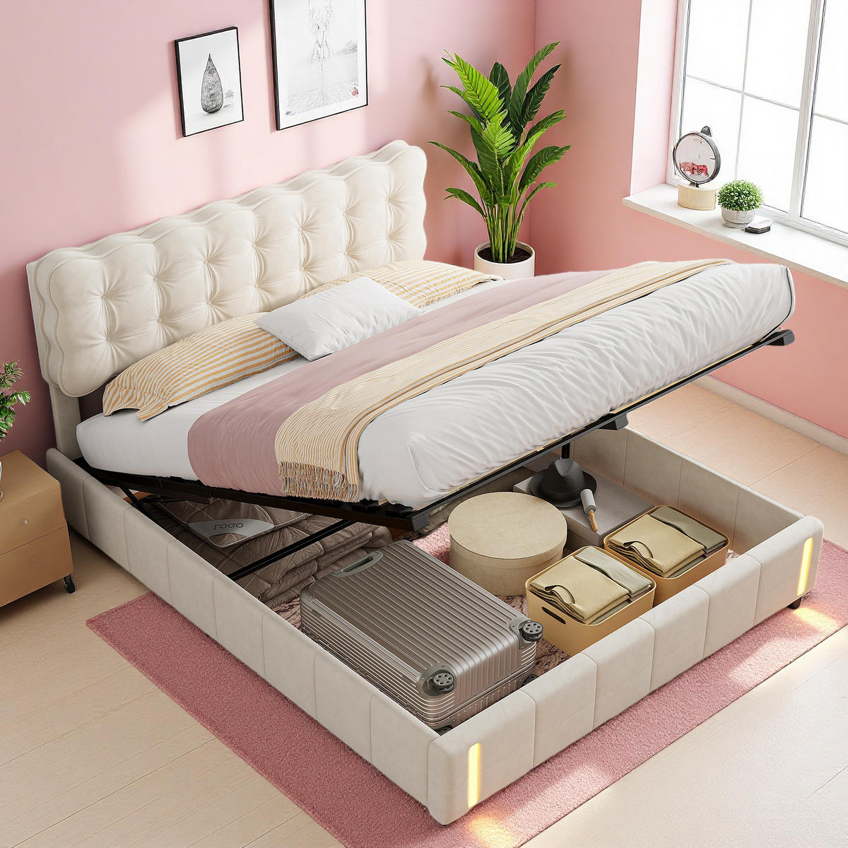 POLSTERBETT 140/200 cm Beige mit Bettkasten und LED-Beleuchtung - Beige, Holz (140/200cm) - SHOPENTRA