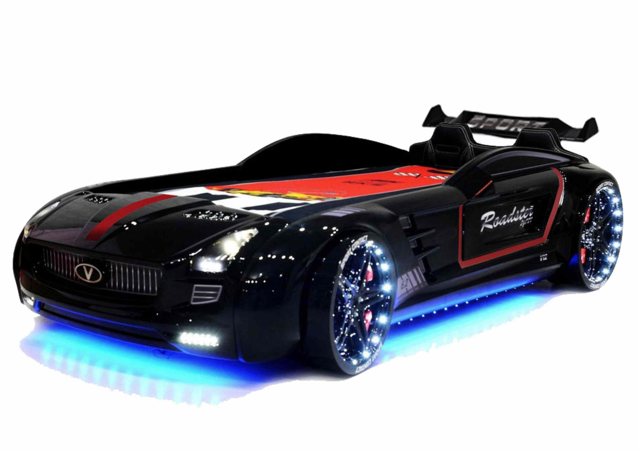 AUTOBETT Roadster Schwarz Kinderbett LED Sound Sportsitze Lattenrost Spoiler - Schwarz, Holzwerkstoff/Kunststoff (90/190cm) - Aileenstore