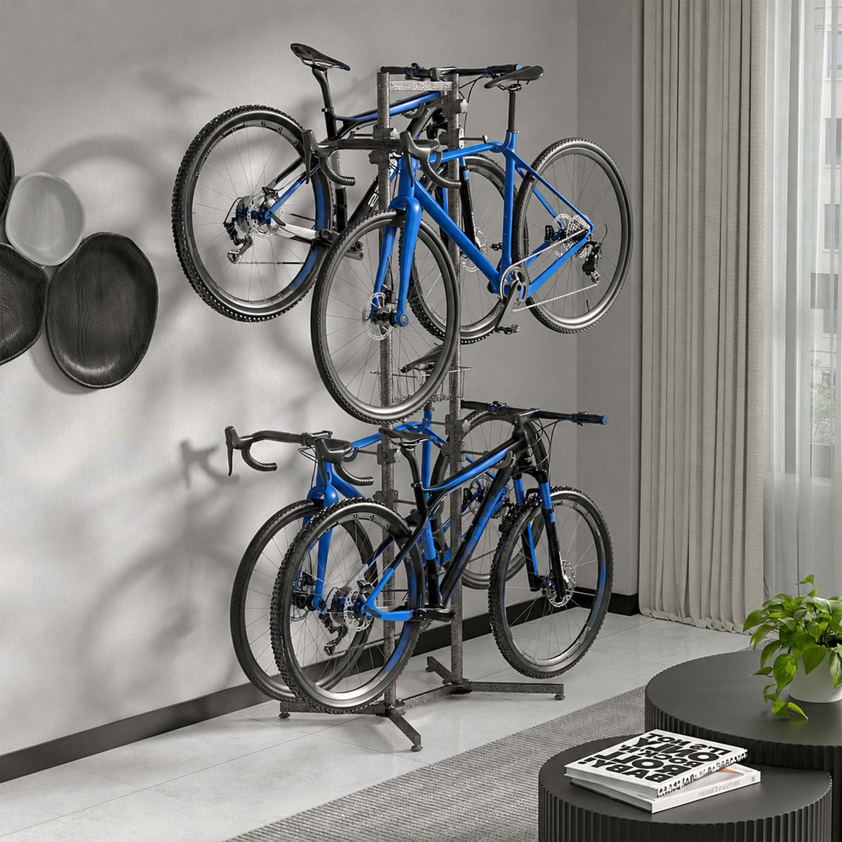FAHRRADSTÄNDER Schwarz Grau freistehend für 4 Fahrräder Stahl mit Korb - Schwarz, Kunststoff/Metall (75/210/61cm) - Relaxdays