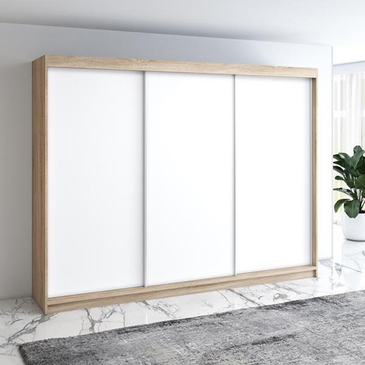 SCHWEBETÜRENSCHRANK 200 CM MERO Farbe: Sonoma / weiß / weiß / weiß - Braun/Weiß, Holzwerkstoff (200/215/59.5cm) - A&J MöbelLand