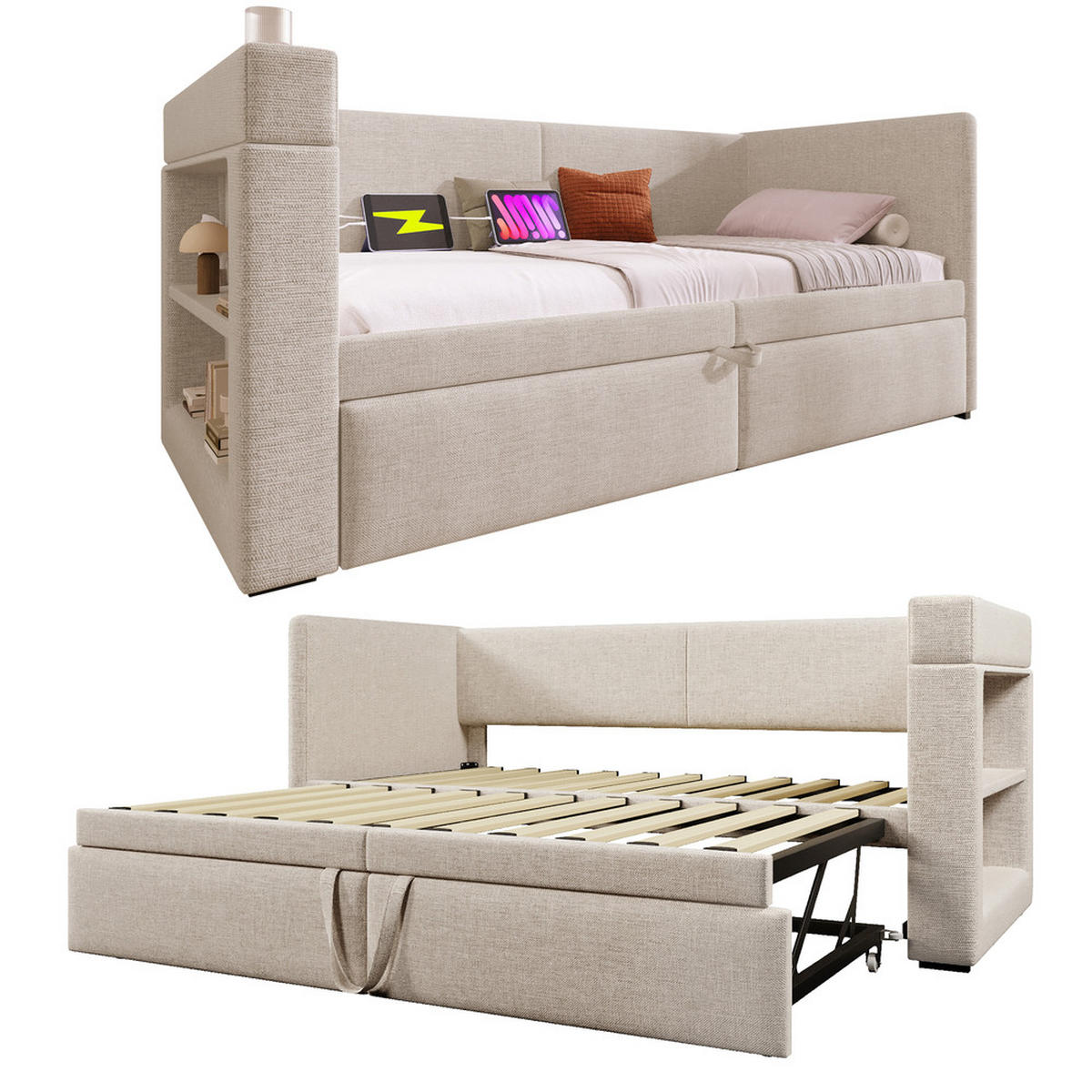 TAGESBETT 90x200cm Einzelbett Schlafsofa Ausziehbett USB-C & Halter Beige - Beige, Holz (90/200cm) - FLIEKS