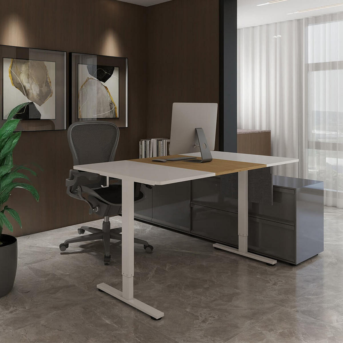 HÖHENVERSTELLBARER Schreibtisch ELMO Weiß/Holz - 160 x 60 cm - Weiß, Holz/Metall (60/160/70cm) - Home Deluxe