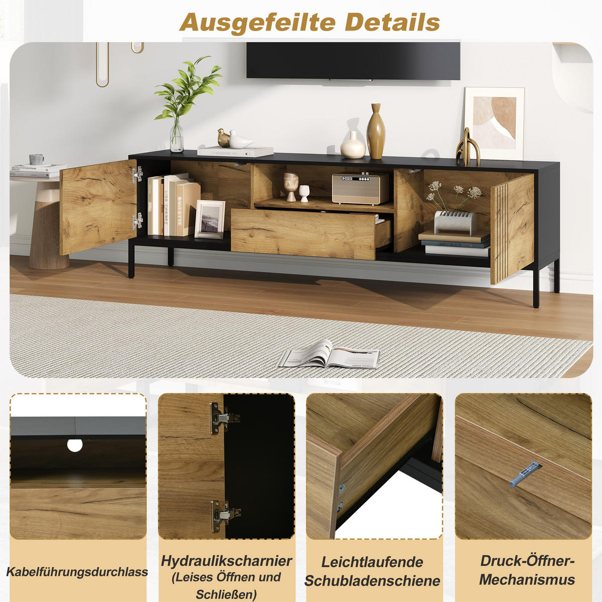 LOWBOARD in Naturfarben mit 2 Schränken & Schublade , für TVs bis 70 Zoll, B170/T35/H50cm - Schwarz/Naturfarben, Holzwerkstoff/Metall (170/50/35cm) - STILVORA