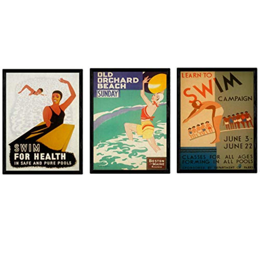 POSTER Set Mit 3 Vintage Schwimmen Lernen A4 Rahmenlos - Klar, Papier (29.7/5/21cm) - Nacnic