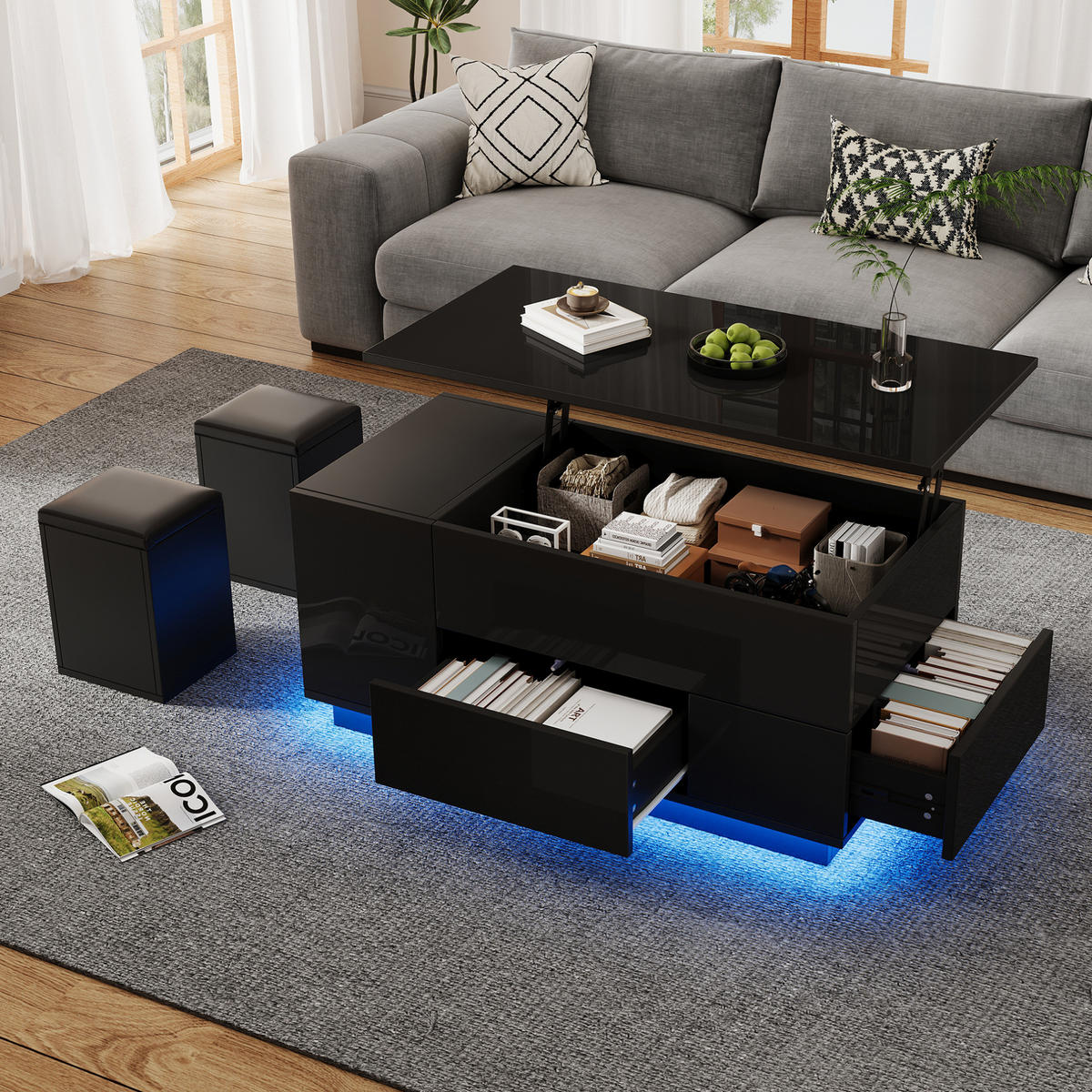 KONFERENČNÍ stolek 100/50/45 cm, černý, s LED, výškově nastavitelný s úložným prostorem - černá, kompozitní dřevo (100/50/45cm) - BEAOK