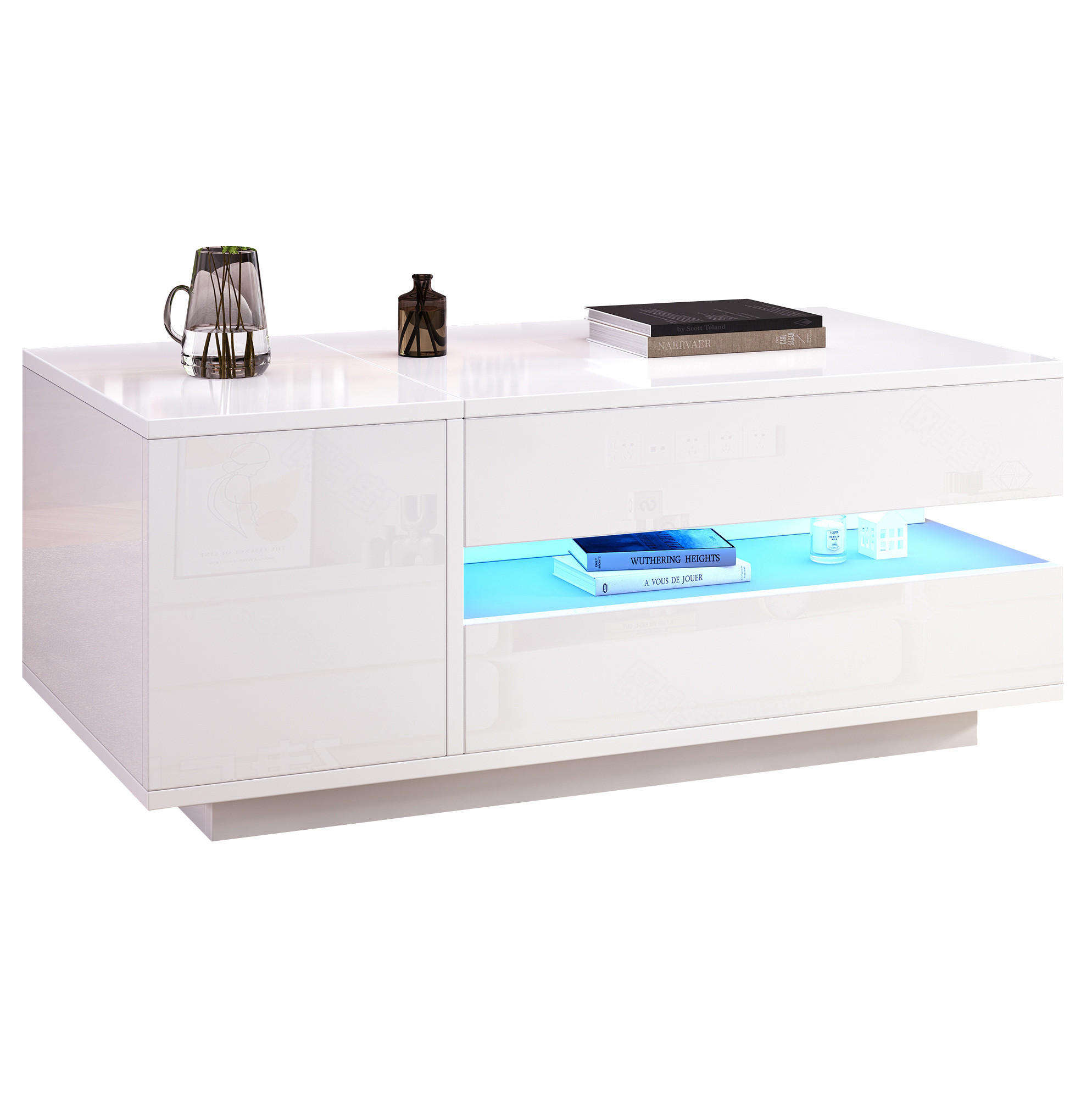 Modfu KONFERENČNÍ stolek z dřevotřísky 95x50x34,5 cm bílý s LED osvětlením, výškově nastavitelnou deskou a úložným prostorem