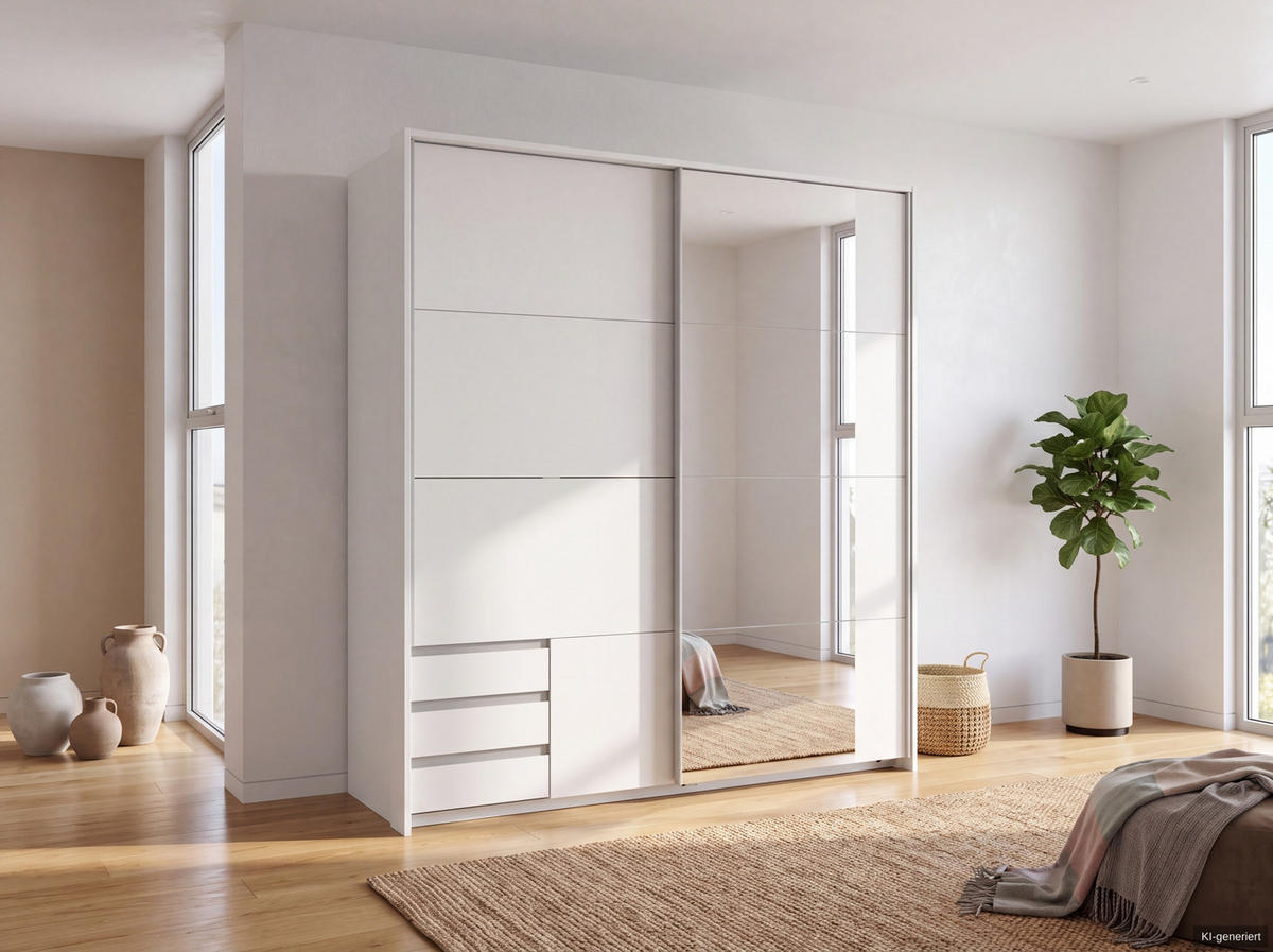 SCHWEBETÜRENSCHRANK 2-türig B183/H200/T65 cm, Passepartout-Kleiderschrank in Weiß mit sichtbaren Schubkästen & Spiegel / 22709 - Alufarben/Weiß, Holz/Holzwerkstoff (183/200/65cm) - luma-home