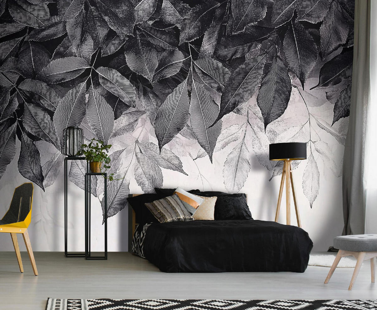 FOTOTAPETE Blätter Grau Natur Wohnzimmer Vlies Tapete 300x210 - Multicolor, Papier (300/210cm) - Wallarena